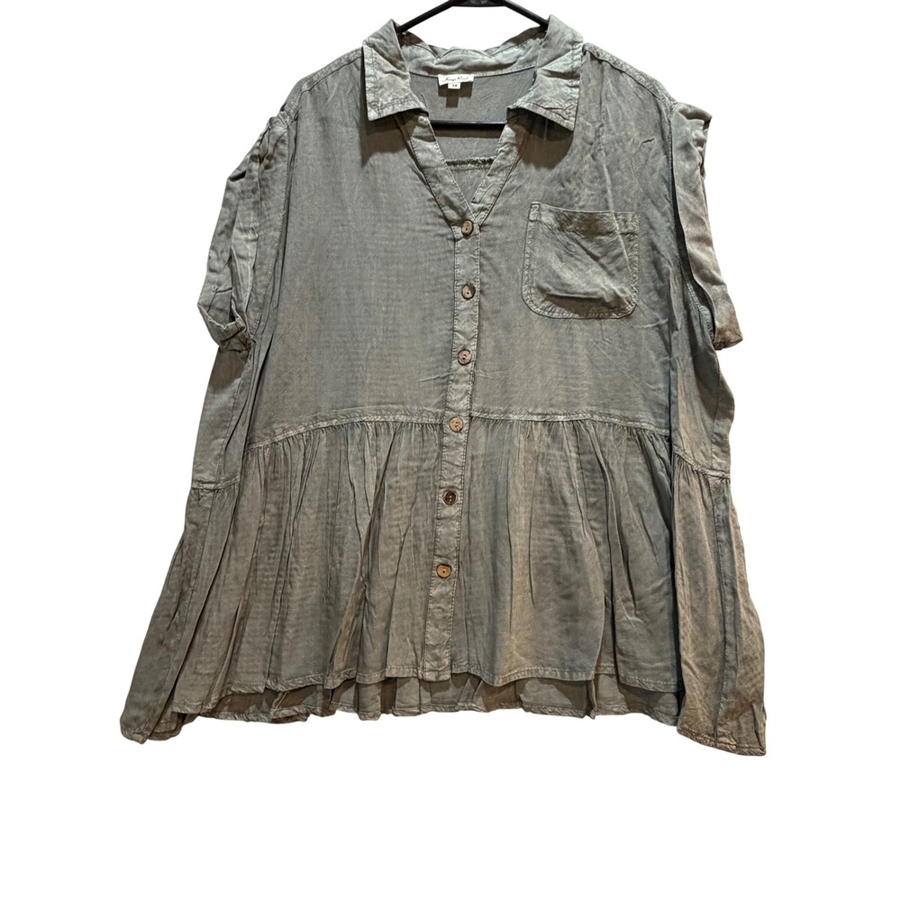 Kings Road Olive Green Rayon Babydoll Peplum Button Down Top Womens 3X Plus Size